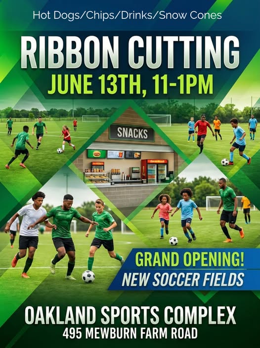 ad for ribbon cutting june 13th 11-1pm at sports complex. 495 mewburn farms road. hot dogs, chips, drinks, snow cones. new soccer fields
